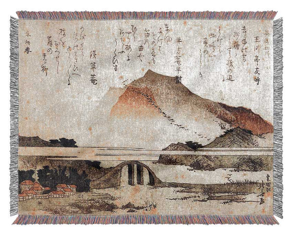 Hokusai Mountain Landscape With A Bridge Woven Blanket