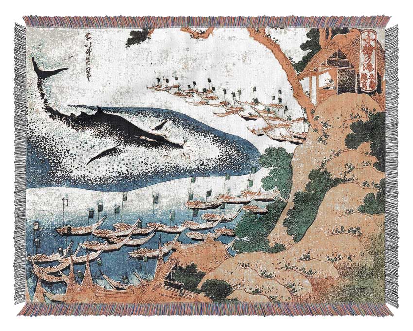 Hokusai Ocean Landscape And Whale Woven Blanket