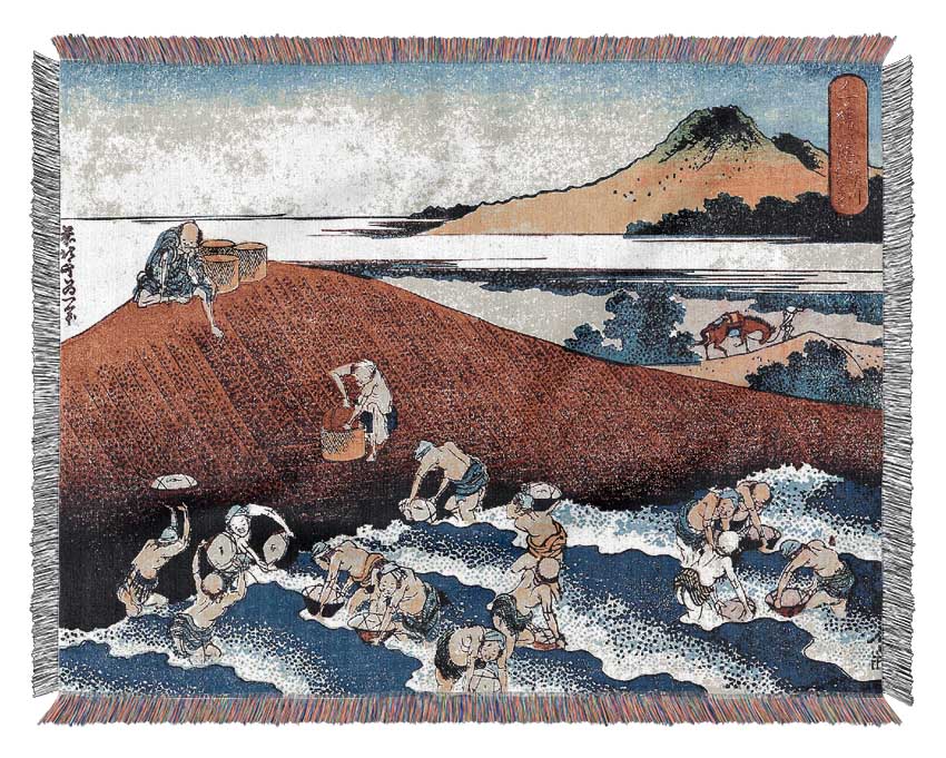 Hokusai Ocean Landscape With Fishermen Woven Blanket