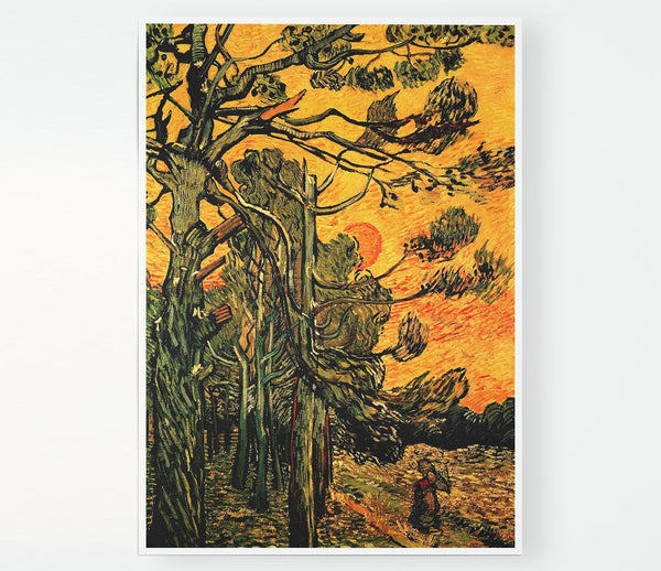 Van Gogh Pine Trees Against A Red Sky With Setting Sun Print Poster Wall Art