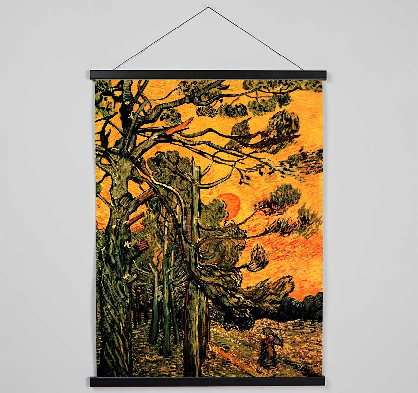 Van Gogh Pine Trees Against A Red Sky With Setting Sun Hanging Poster - Wallart-Direct UK