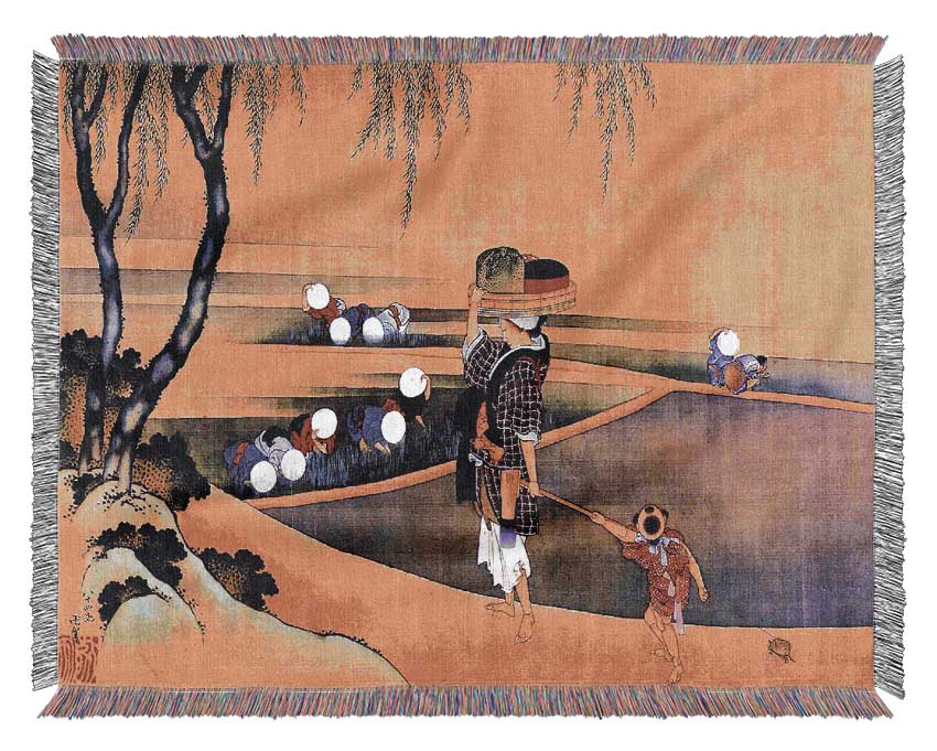 Hokusai Rice Fields Woven Blanket