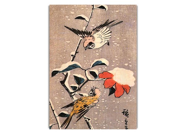 Sparrows And Camelias With Snow By Hiroshige