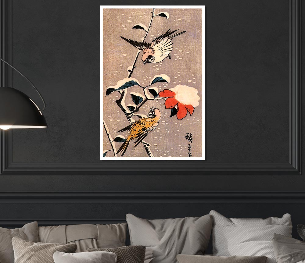 Hiroshige Sparrows And Camelias With Snow Print Poster Wall Art