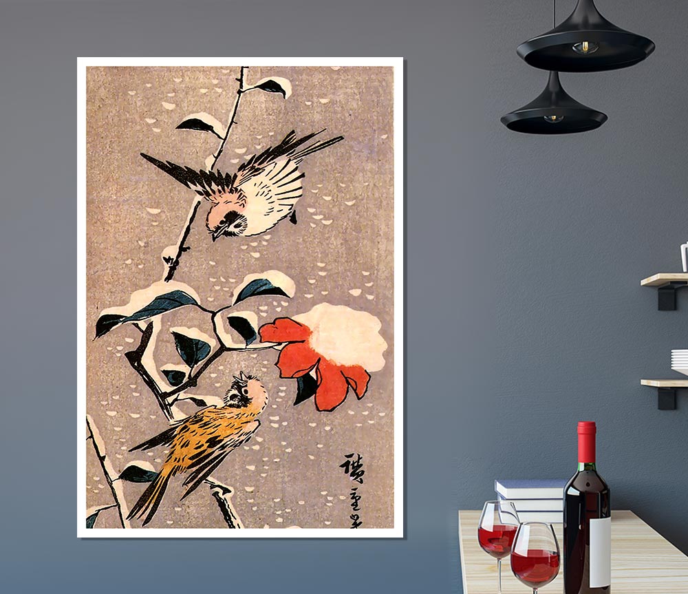 Hiroshige Sparrows And Camelias With Snow Print Poster Wall Art