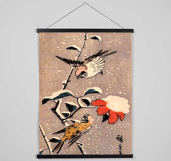 Hiroshige Sparrows And Camelias With Snow Hanging Poster - Wallart-Direct UK