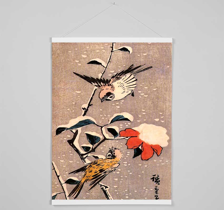 Hiroshige Sparrows And Camelias With Snow Hanging Poster - Wallart-Direct UK