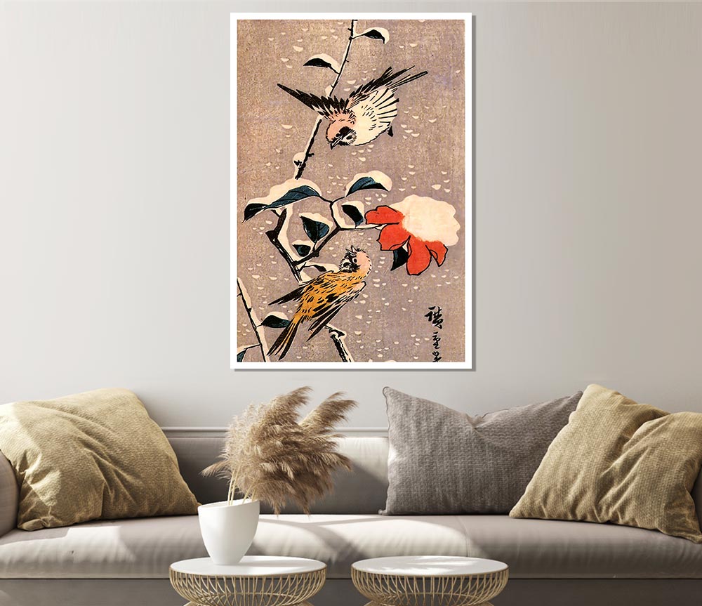 Hiroshige Sparrows And Camelias With Snow Print Poster Wall Art