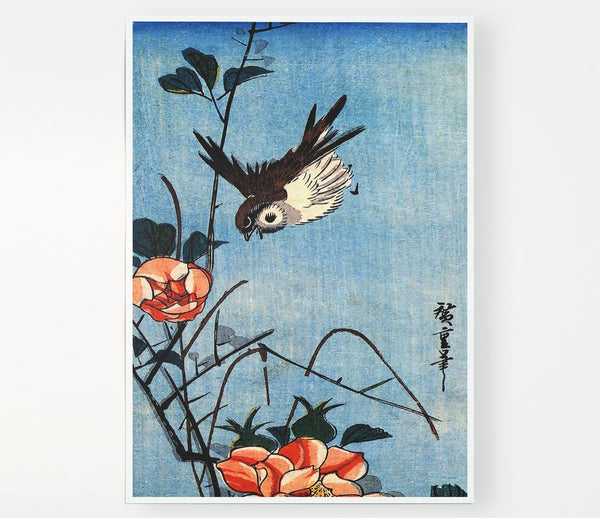 Hiroshige Sparrows And Wild Rose Print Poster Wall Art