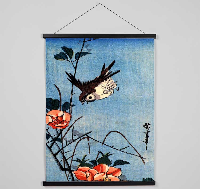 Hiroshige Sparrows And Wild Rose Hanging Poster - Wallart-Direct UK