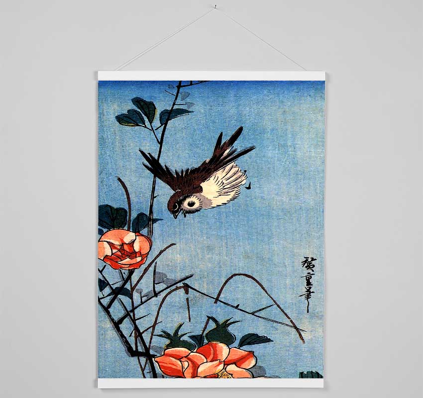 Hiroshige Sparrows And Wild Rose Hanging Poster - Wallart-Direct UK