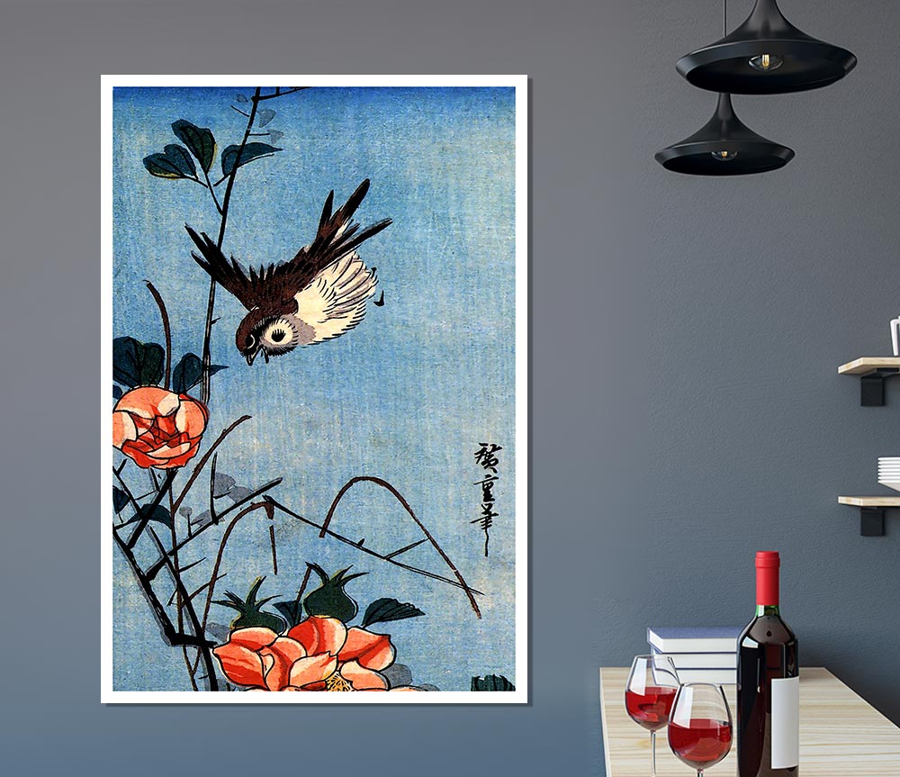 Hiroshige Sparrows And Wild Rose Print Poster Wall Art