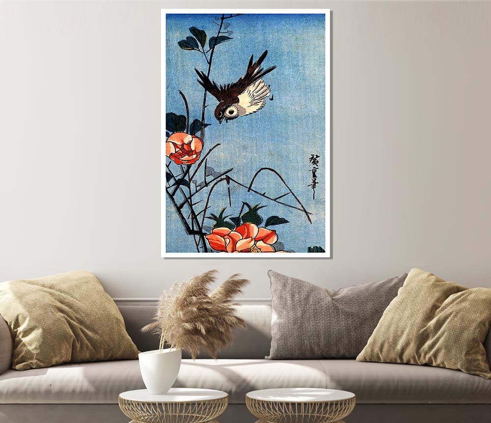 Hiroshige Sparrows And Wild Rose Print Poster Wall Art