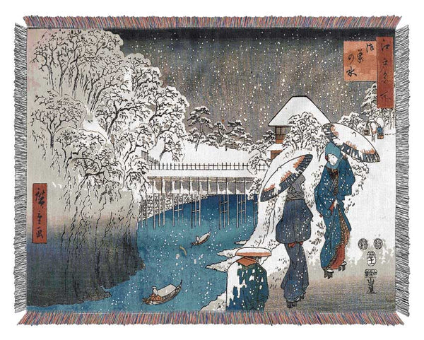 Hiroshige Two Ladies Conversing In The Snow Woven Blanket