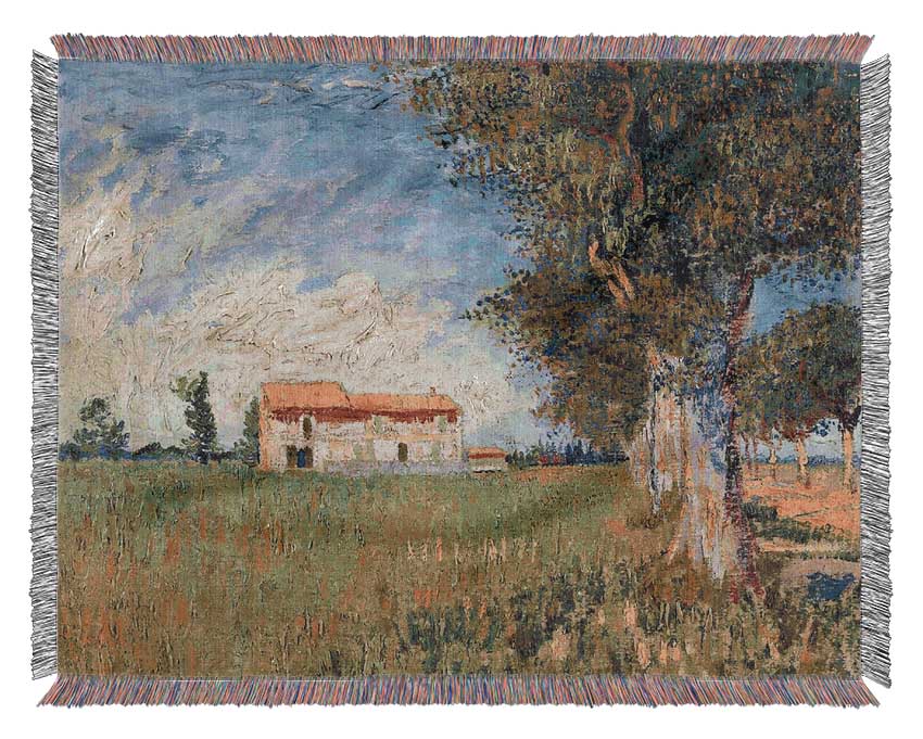 Van Gogh Farmhouse In A Wheat Field Woven Blanket