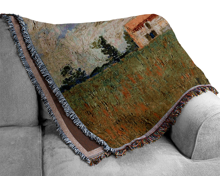 Van Gogh Farmhouse In A Wheat Field Woven Blanket