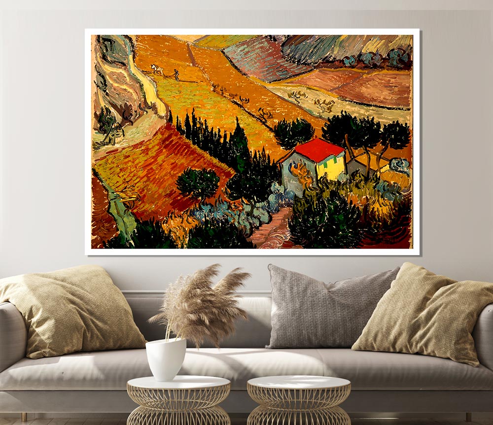 Van Gogh Landscape With House And Ploughman Print Poster Wall Art