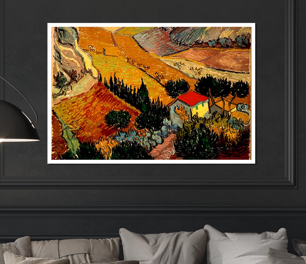 Van Gogh Landscape With House And Ploughman Print Poster Wall Art