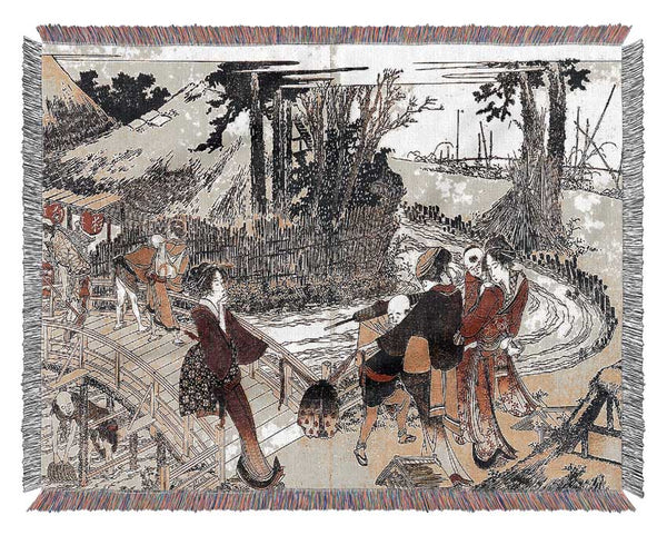 Hokusai Village Near A Bridge Woven Blanket