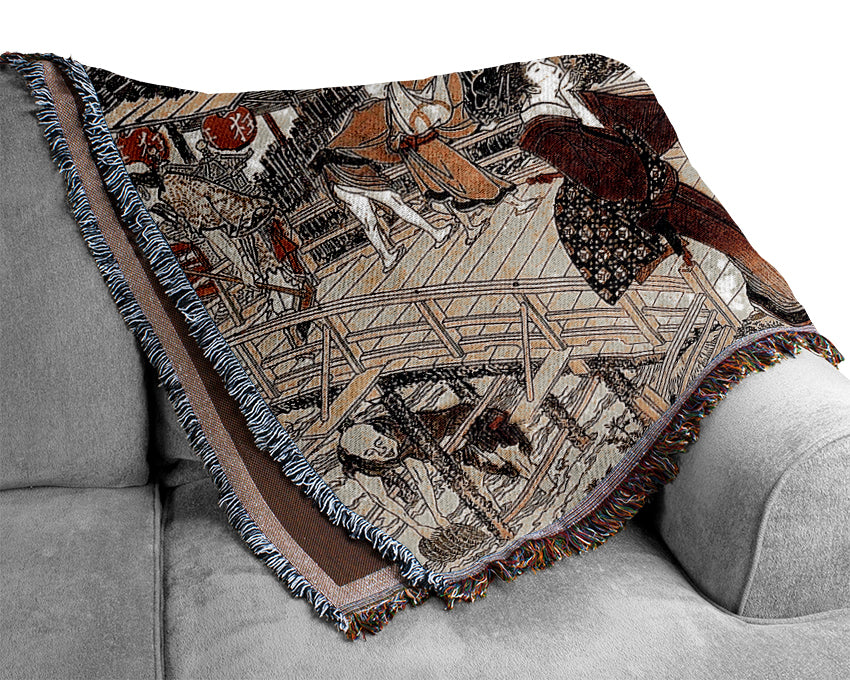 Hokusai Village Near A Bridge Woven Blanket