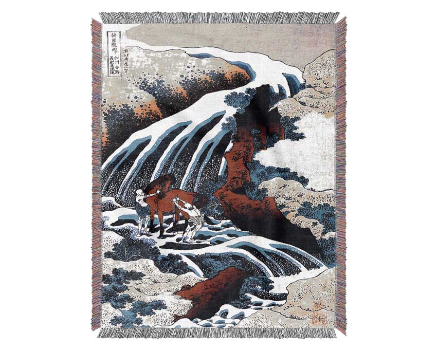 Hokusai Waterfall And Horse Washing Woven Blanket