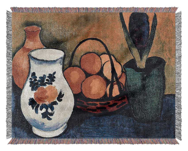 August Macke White Jug With Flowers And Fruits Woven Blanket