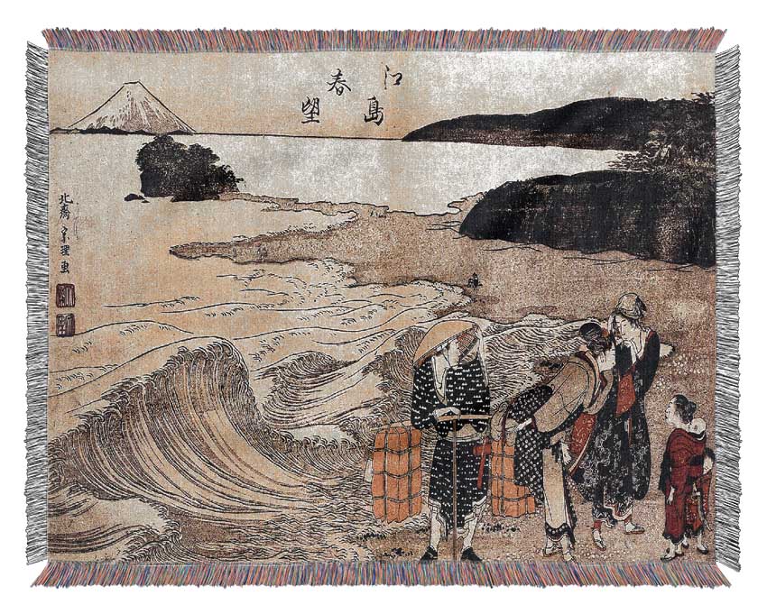 Hokusai Women On The Beach Of Enoshima Woven Blanket