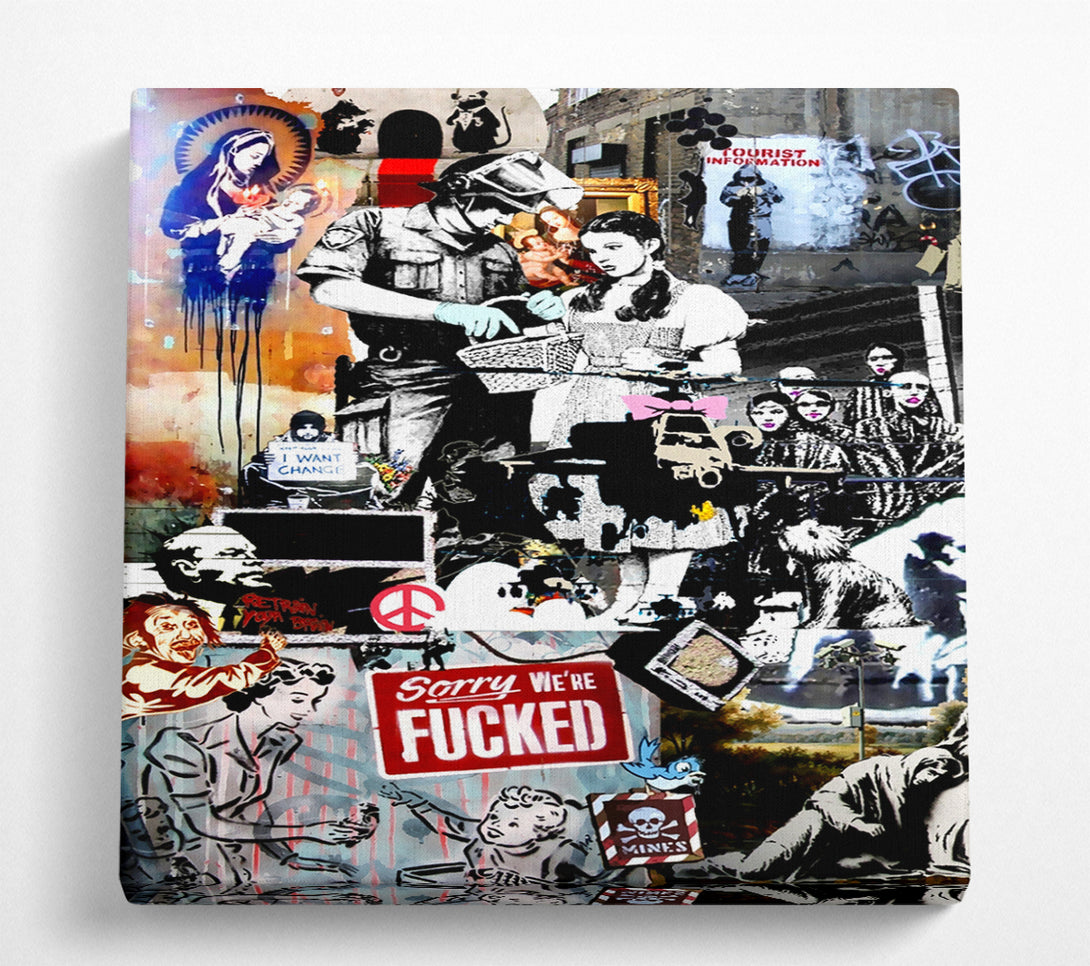 A Square Canvas Print Showing Banksy Collage 2 Square Wall Art