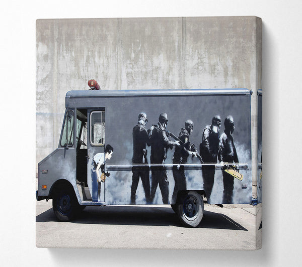 A Square Canvas Print Showing Banksy Swat Truck Square Wall Art