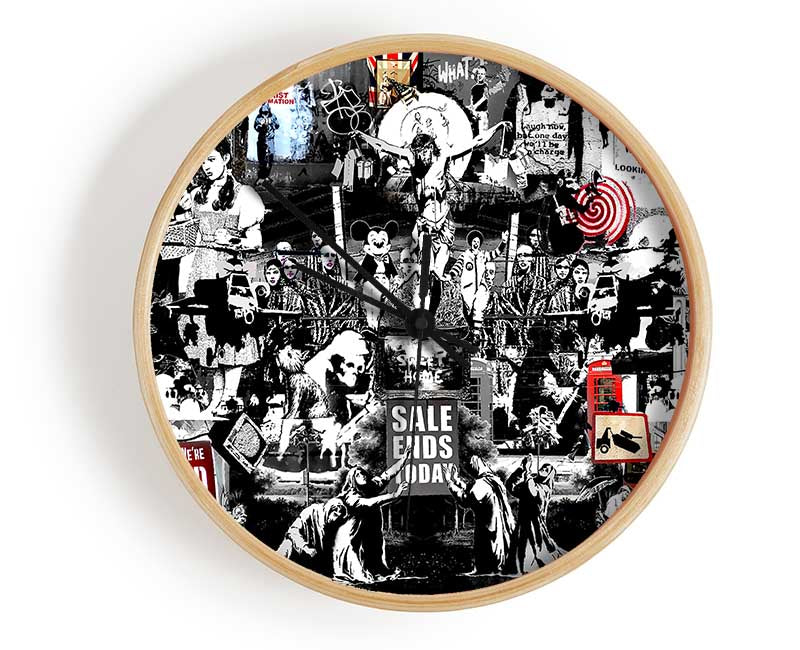 Banksy Collage 1 B n W Clock - Wallart-Direct UK