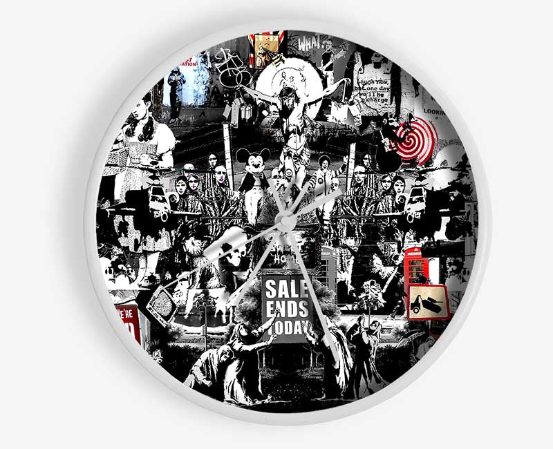 Banksy Collage 1 B n W Clock - Wallart-Direct UK