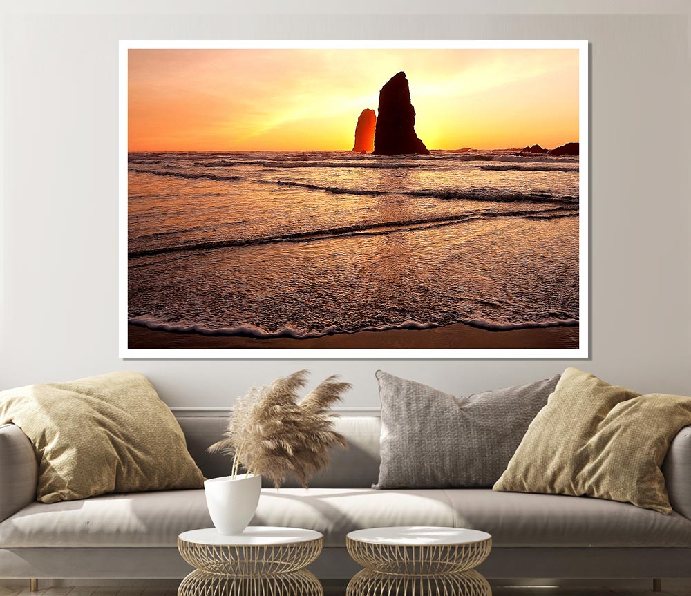 Beach Rock Sunrise Print Poster Wall Art