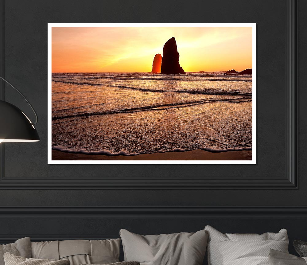 Beach Rock Sunrise Print Poster Wall Art