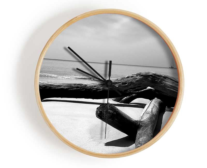 Ocean Drift Wood On The Shore B n W Clock - Wallart-Direct UK