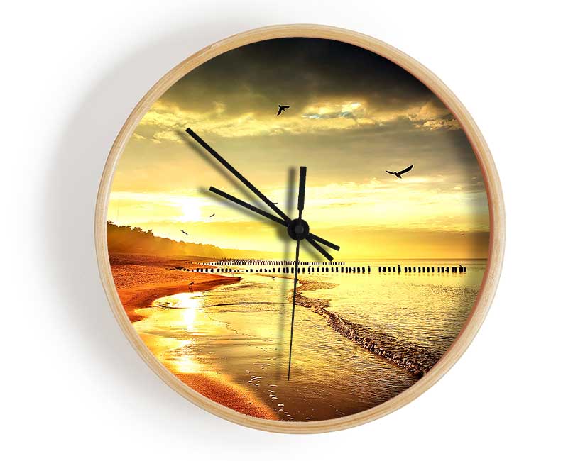 Stunning Yellow Sunset Beach Clock - Wallart-Direct UK