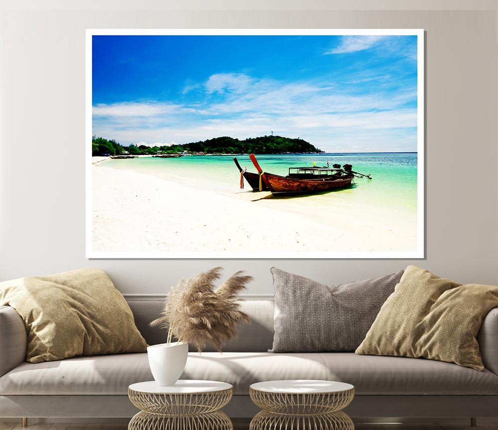 Boats On The White Sand Paradise Island Print Poster Wall Art