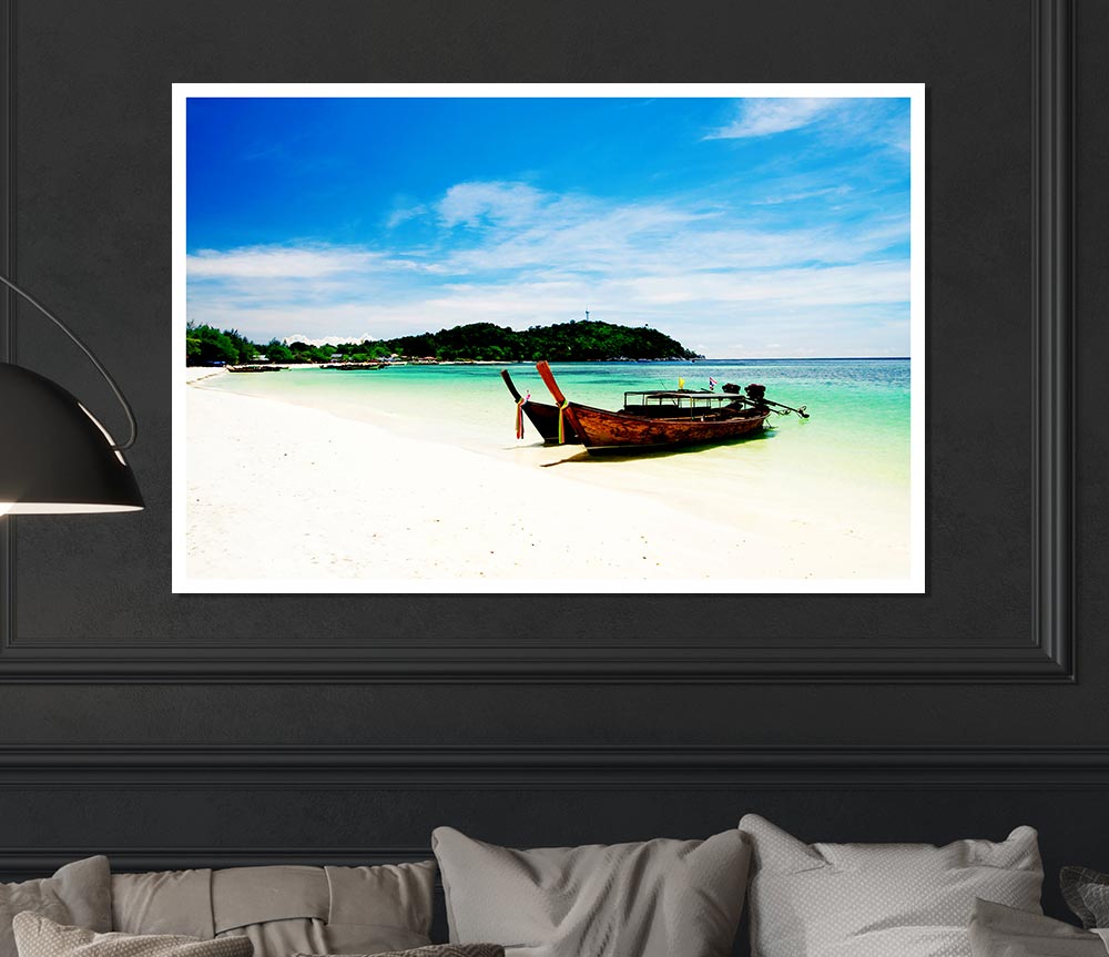 Boats On The White Sand Paradise Island Print Poster Wall Art