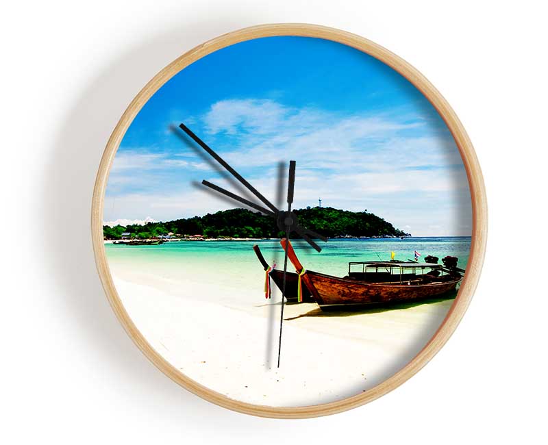 Boats On The White Sand Paradise Island Clock - Wallart-Direct UK