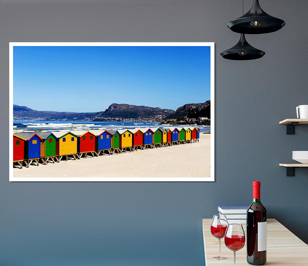 Colourful Beach Hut Line Up Print Poster Wall Art