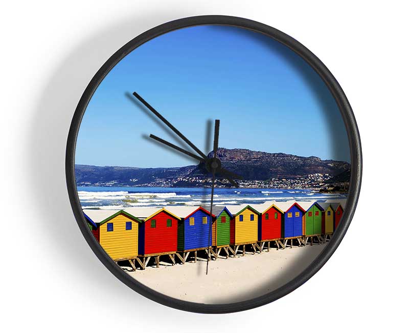 Colourful Beach Hut Line-Up Clock - Wallart-Direct UK