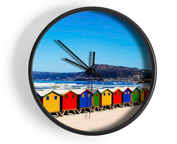 Colourful Beach Hut Line-Up Clock - Wallart-Direct UK