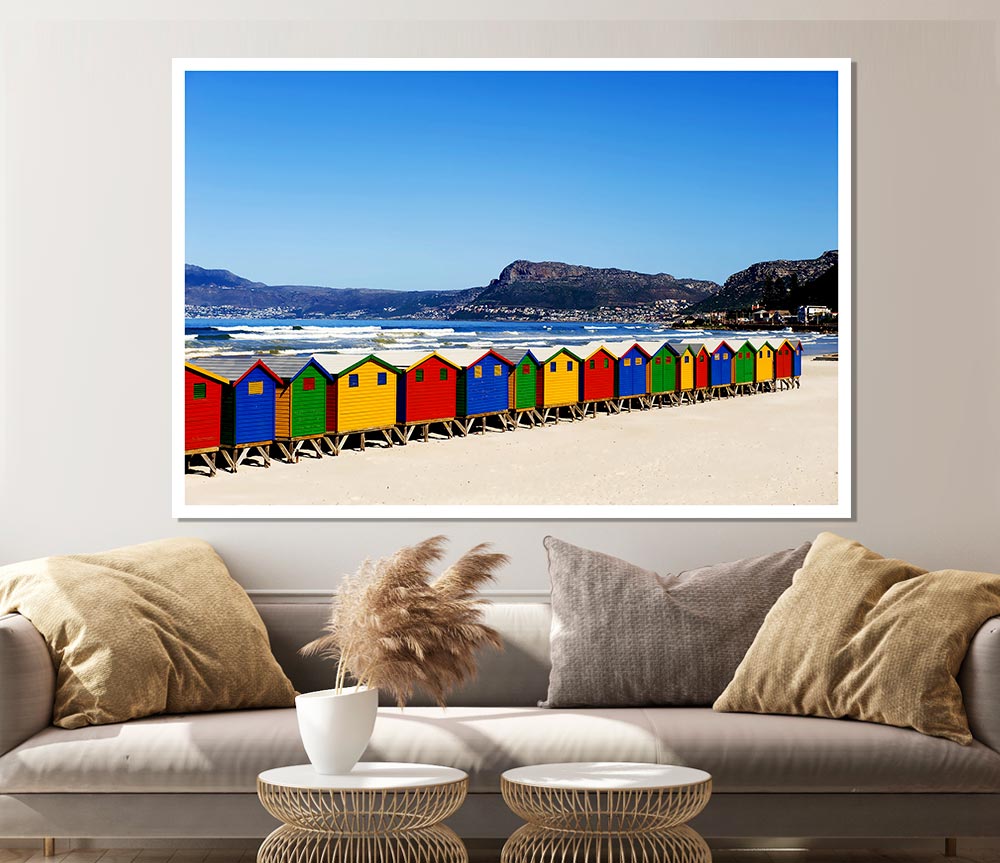 Colourful Beach Hut Line Up Print Poster Wall Art