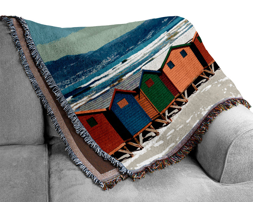 Colourful Beach Hut Line-Up Woven Blanket