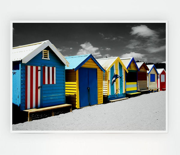 Colourful Beach Huts On B N W Print Poster Wall Art