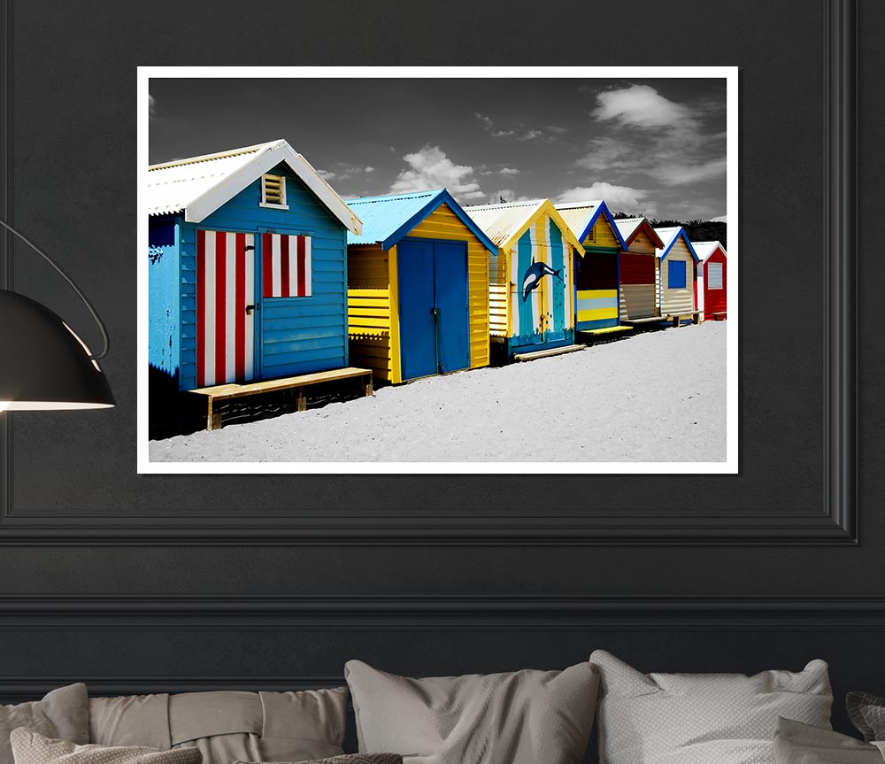 Colourful Beach Huts On B N W Print Poster Wall Art