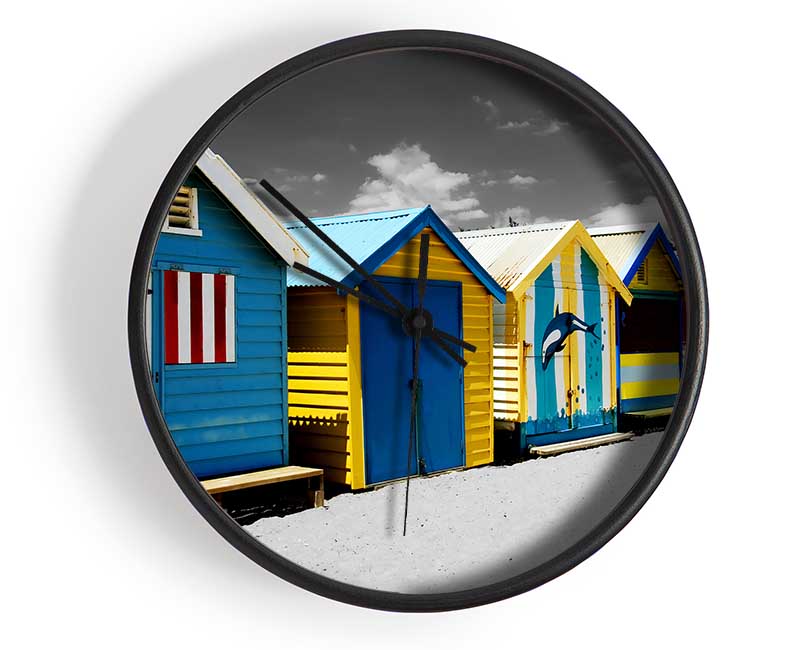 Colourful Beach Huts On B n W Clock - Wallart-Direct UK