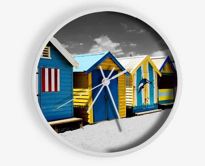 Colourful Beach Huts On B n W Clock - Wallart-Direct UK