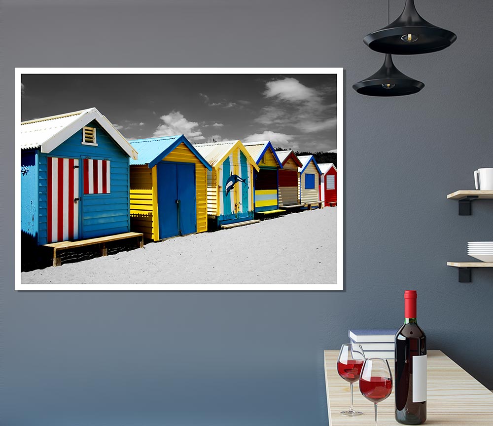 Colourful Beach Huts On B N W Print Poster Wall Art