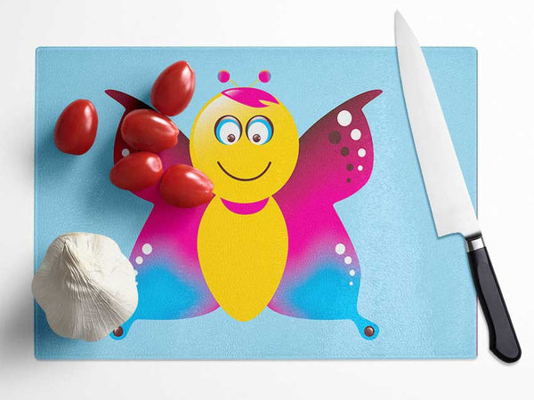 Butterfly Cartoon Face Baby Blue Glass Chopping Board