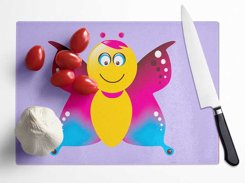 Butterfly Cartoon Face Lilac Glass Chopping Board